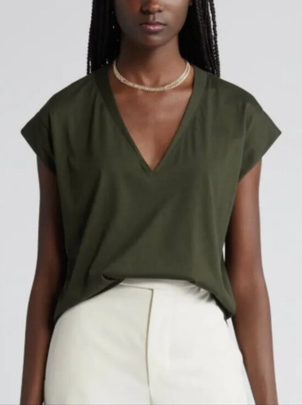 Frame Le Mid Rise V Cotton Cap Sleeve Tee Surplus Olive Green Size Small
